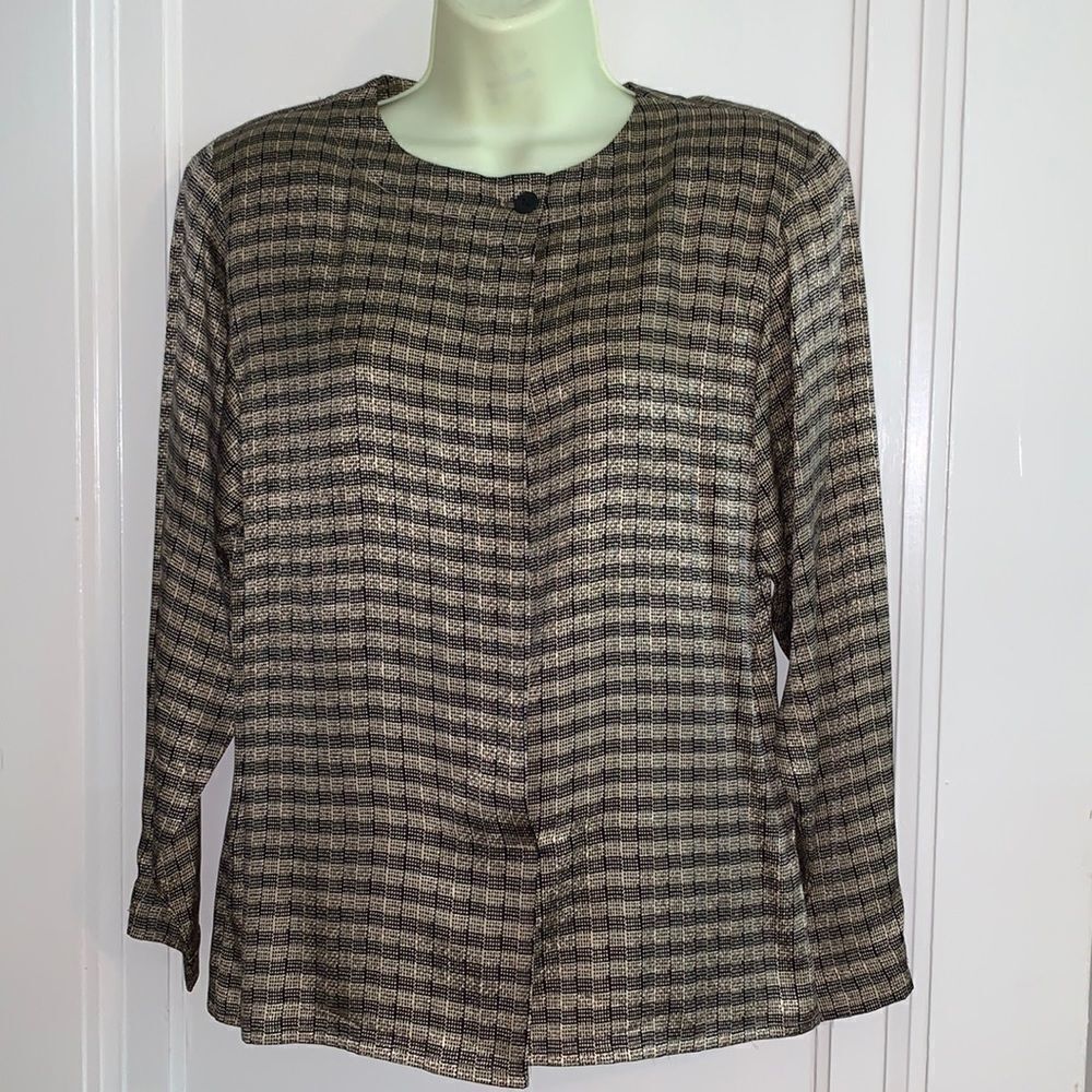 Vtg 80s Anne Klein 2 black & tan silk blouse‎